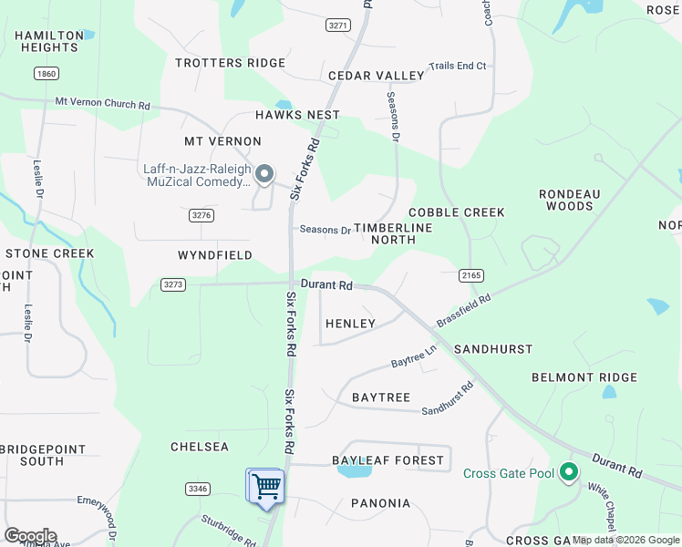 map of restaurants, bars, coffee shops, grocery stores, and more near 14008 Durant Road in Raleigh