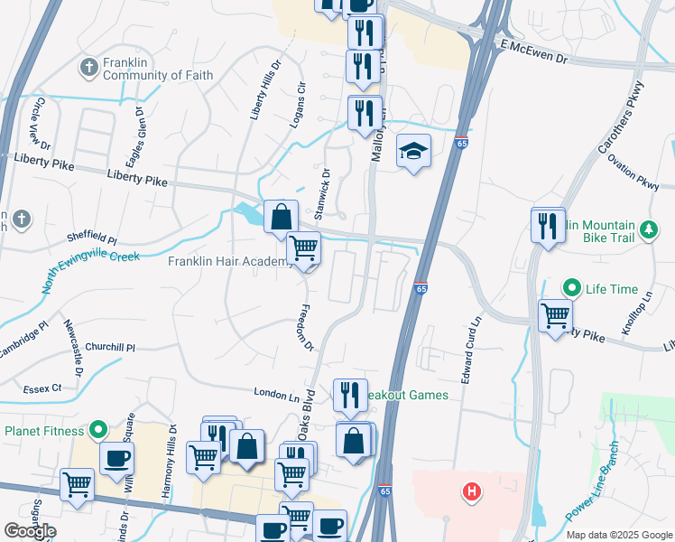 map of restaurants, bars, coffee shops, grocery stores, and more near 31 Franklin Oaks 1 in Franklin