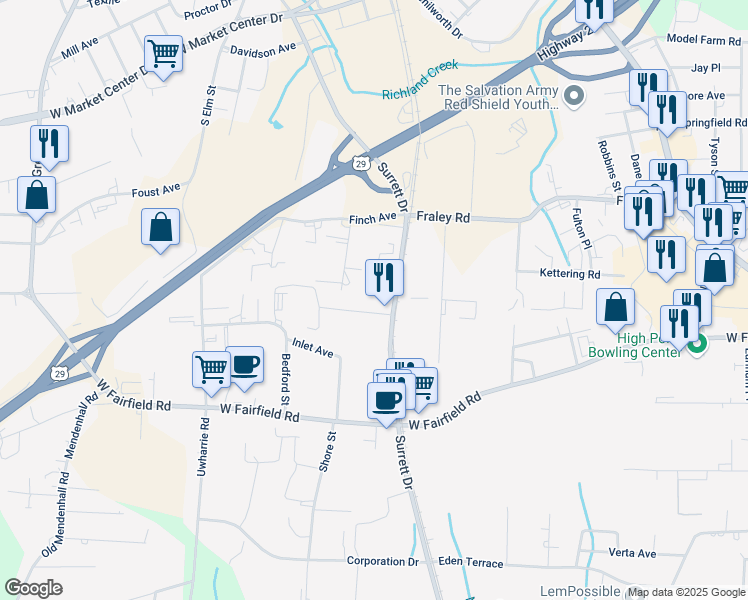 map of restaurants, bars, coffee shops, grocery stores, and more near 1100-1164 Silver Court in High Point