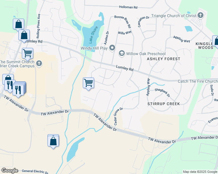 map of restaurants, bars, coffee shops, grocery stores, and more near 2905 Skybrook Lane in Durham