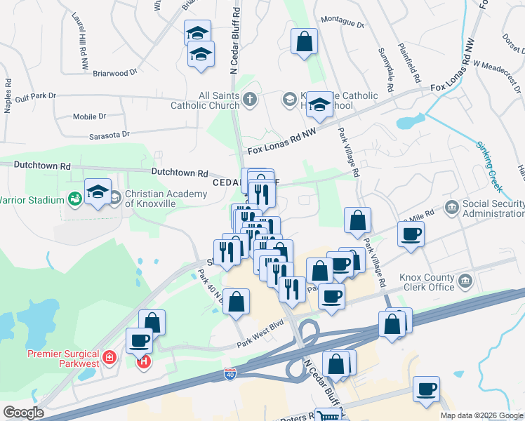 map of restaurants, bars, coffee shops, grocery stores, and more near 460 North Cedar Bluff Road in Knoxville