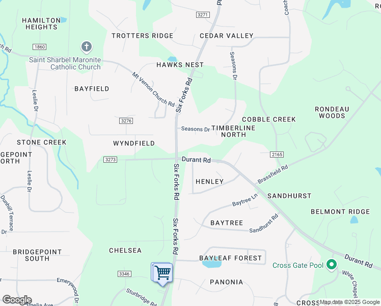 map of restaurants, bars, coffee shops, grocery stores, and more near 14024 Durant Rd in Raleigh