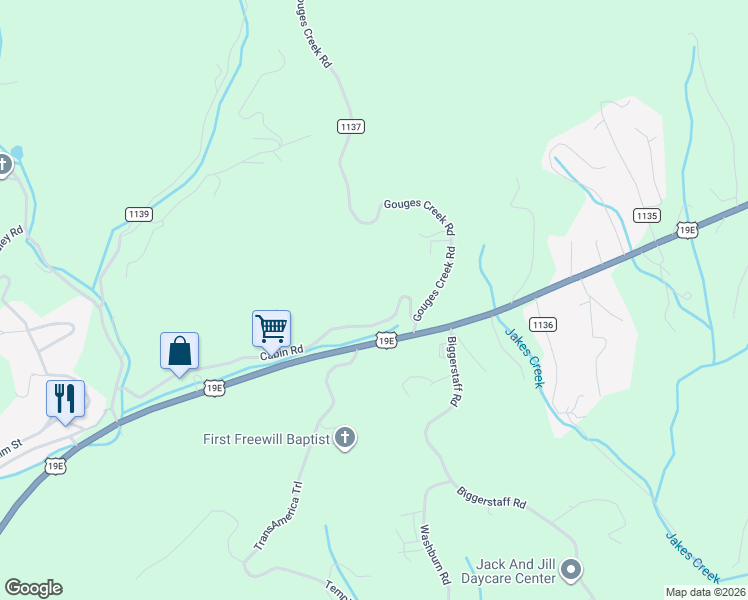 map of restaurants, bars, coffee shops, grocery stores, and more near 621 Cabin Road in Spruce Pine