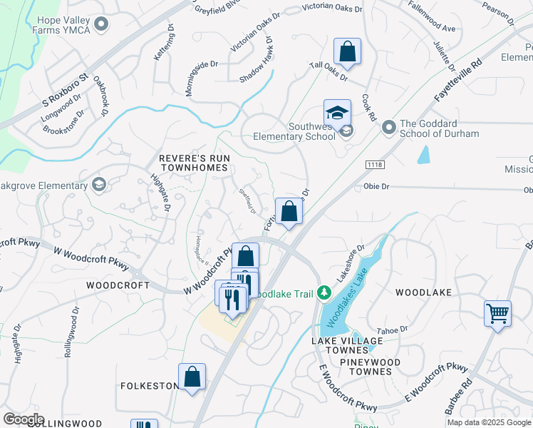 map of restaurants, bars, coffee shops, grocery stores, and more near 5500 Fortune's Ridge Drive in Durham