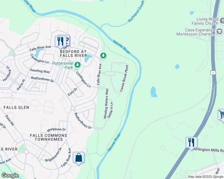 map of restaurants, bars, coffee shops, grocery stores, and more near 3215 Rain Forrest Way in Raleigh