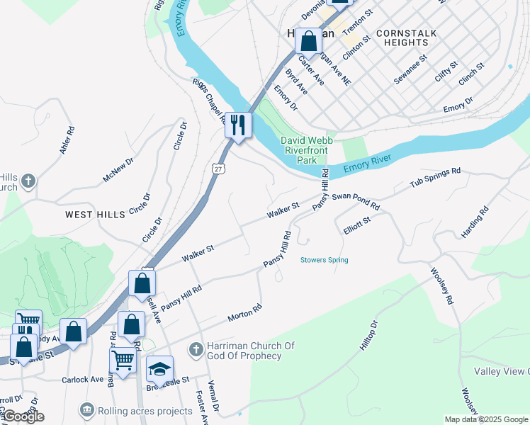 map of restaurants, bars, coffee shops, grocery stores, and more near 148 Walker Street in Harriman