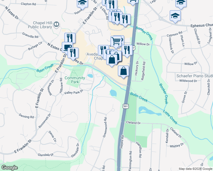 map of restaurants, bars, coffee shops, grocery stores, and more near 205 South Estes Drive in Chapel Hill