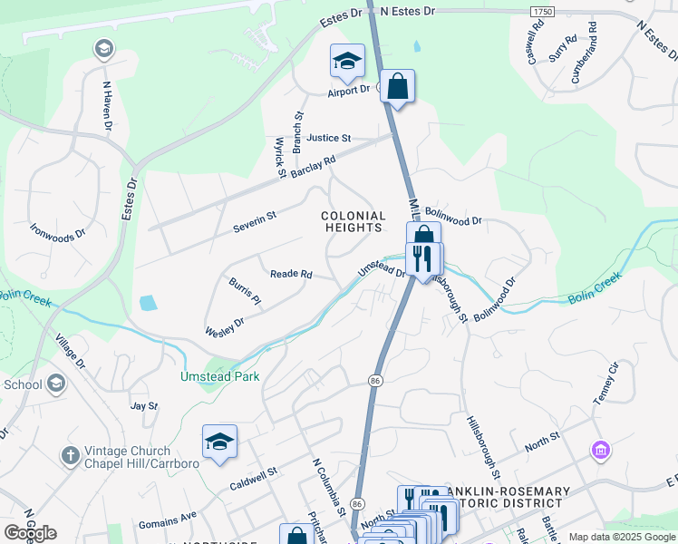 map of restaurants, bars, coffee shops, grocery stores, and more near 702 Bradley Road in Chapel Hill