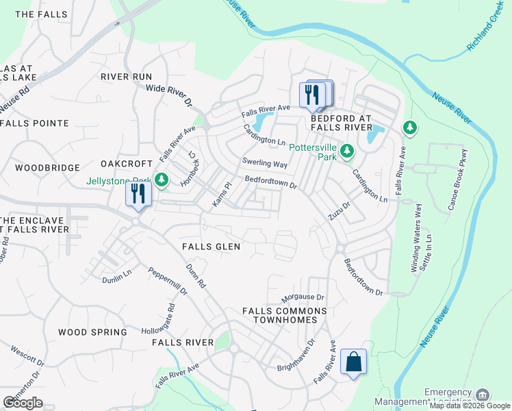 map of restaurants, bars, coffee shops, grocery stores, and more near 10571 Evergreen Spring Place in Raleigh