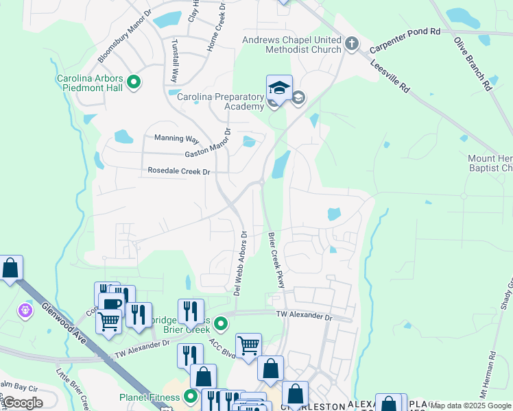 map of restaurants, bars, coffee shops, grocery stores, and more near 321 Acorn Hollow Place in Durham
