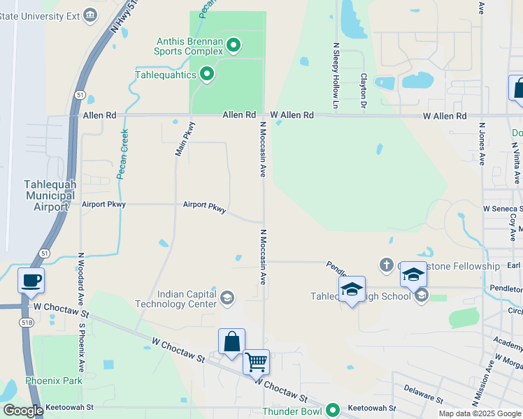 map of restaurants, bars, coffee shops, grocery stores, and more near 285 North Moccasin Avenue in Tahlequah