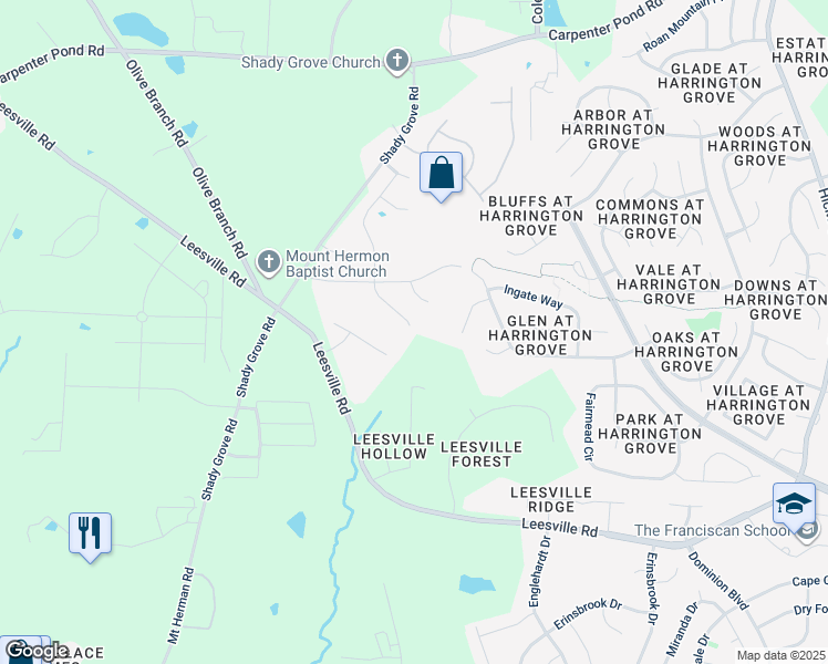 map of restaurants, bars, coffee shops, grocery stores, and more near 5554 Spindlewood Court in Durham