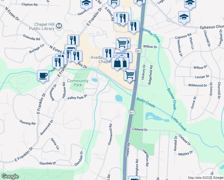 map of restaurants, bars, coffee shops, grocery stores, and more near 250 South Estes Drive in Chapel Hill