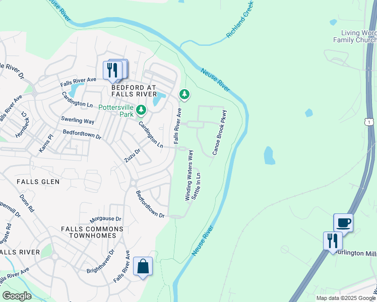 map of restaurants, bars, coffee shops, grocery stores, and more near 3147 Winding Waters Way in Raleigh