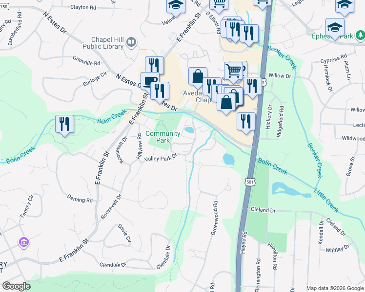map of restaurants, bars, coffee shops, grocery stores, and more near a6 Camelot Drive in Chapel Hill