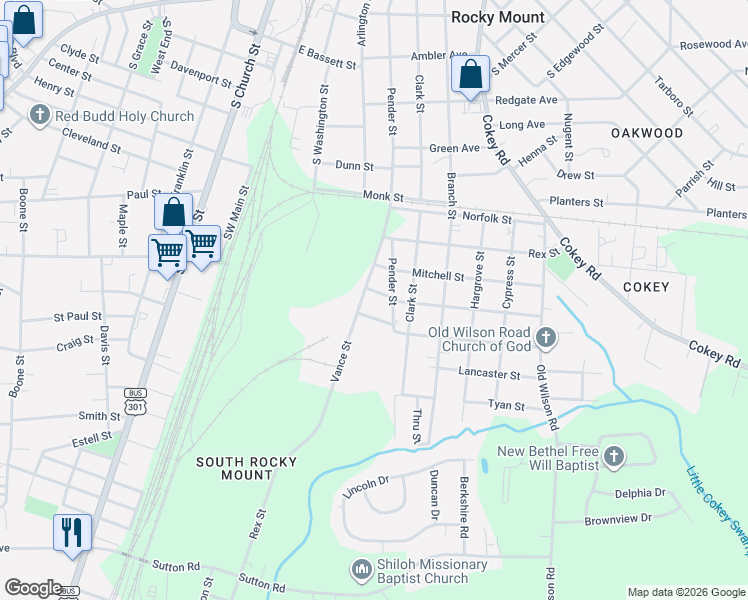 map of restaurants, bars, coffee shops, grocery stores, and more near 1401-1499 Vance St in Rocky Mt