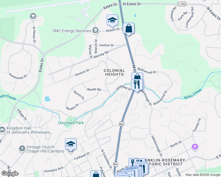 map of restaurants, bars, coffee shops, grocery stores, and more near 702 Bradley Road in Chapel Hill
