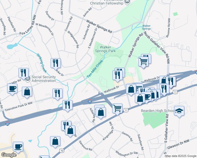 map of restaurants, bars, coffee shops, grocery stores, and more near 216 Bridgewater Road Northwest in Knoxville