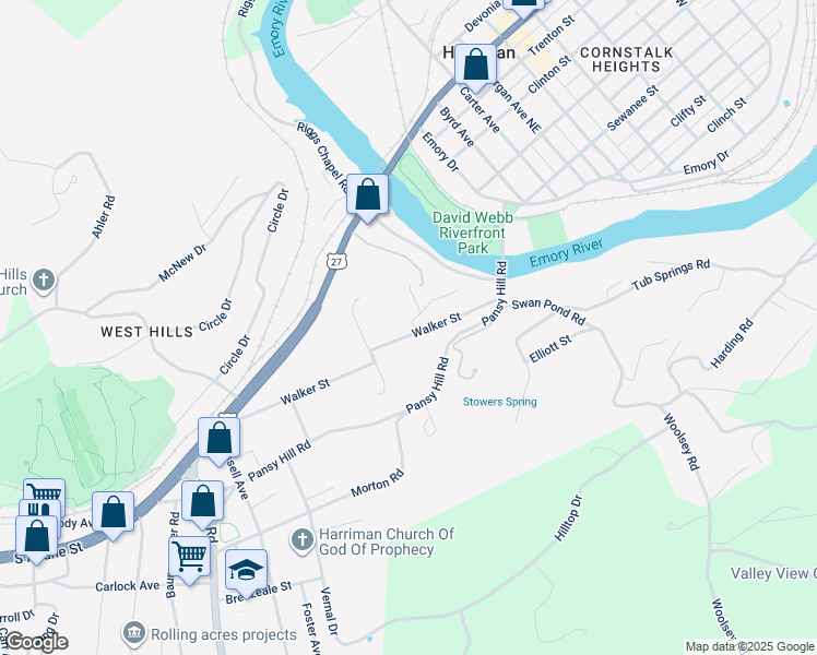 map of restaurants, bars, coffee shops, grocery stores, and more near 148 Walker Street in Harriman