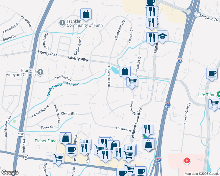 map of restaurants, bars, coffee shops, grocery stores, and more near 225 Freedom Drive in Franklin