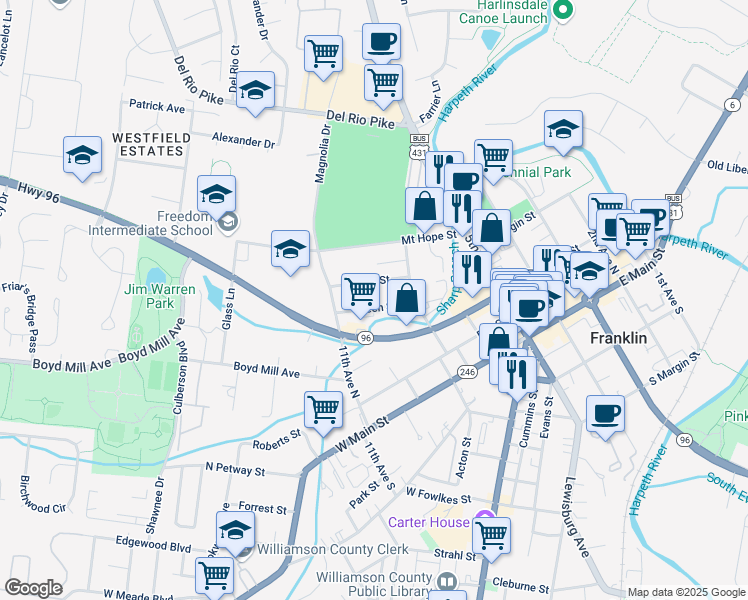 map of restaurants, bars, coffee shops, grocery stores, and more near 944 Green Street in Franklin