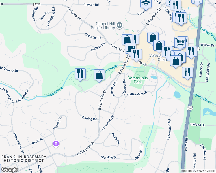 map of restaurants, bars, coffee shops, grocery stores, and more near East Franklin Street in Chapel Hill