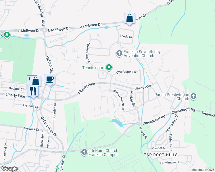 map of restaurants, bars, coffee shops, grocery stores, and more near 1139 Olde Cameron Lane in Franklin