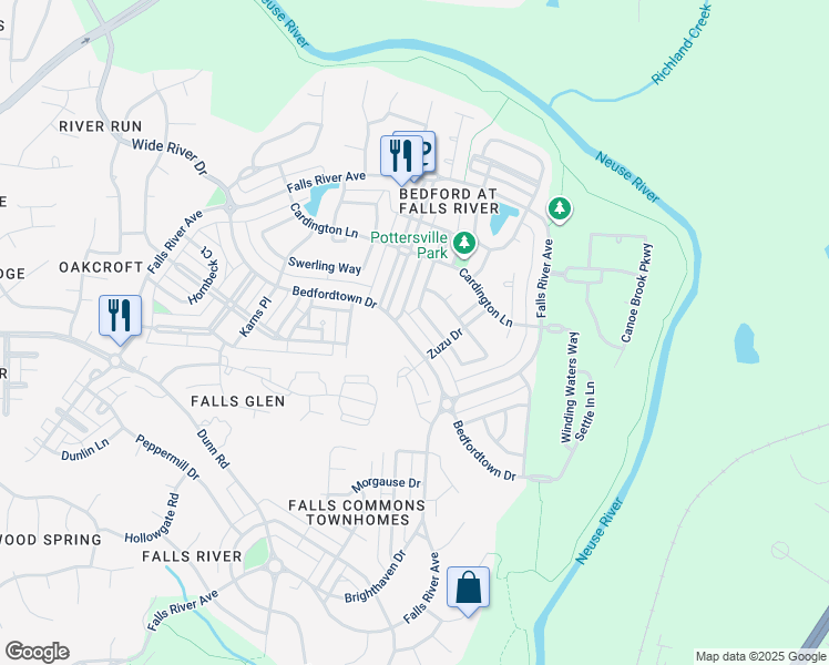 map of restaurants, bars, coffee shops, grocery stores, and more near 10643 Bedfordtown Drive in Raleigh