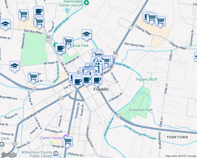 map of restaurants, bars, coffee shops, grocery stores, and more near 109 3rd Avenue South in Franklin