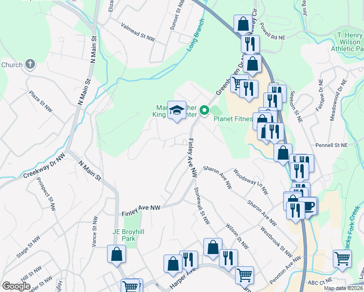 map of restaurants, bars, coffee shops, grocery stores, and more near 311 Harrington Street Northwest in Lenoir