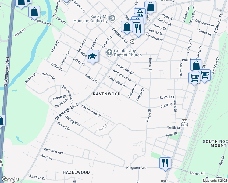 map of restaurants, bars, coffee shops, grocery stores, and more near 609 Nelson Street in Rocky Mount