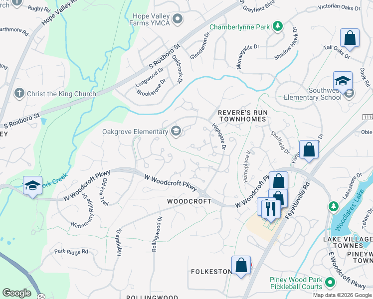 map of restaurants, bars, coffee shops, grocery stores, and more near 3960 Highgate Drive in Durham