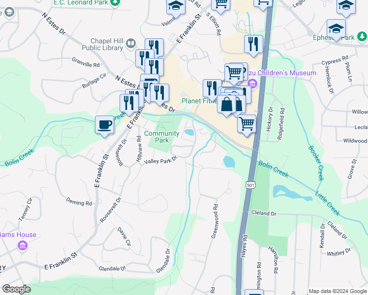 map of restaurants, bars, coffee shops, grocery stores, and more near d6 Shepherd Lane in Chapel Hill