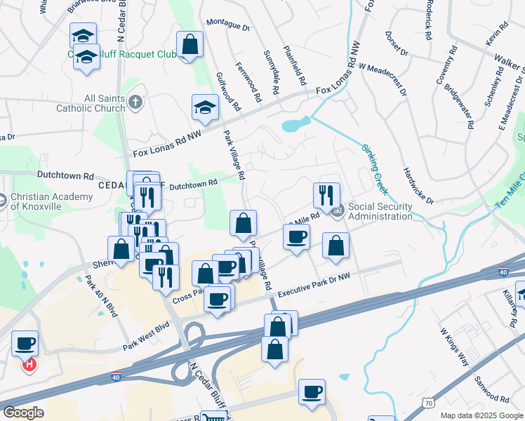 map of restaurants, bars, coffee shops, grocery stores, and more near 9015 10 Mile Road in Knoxville