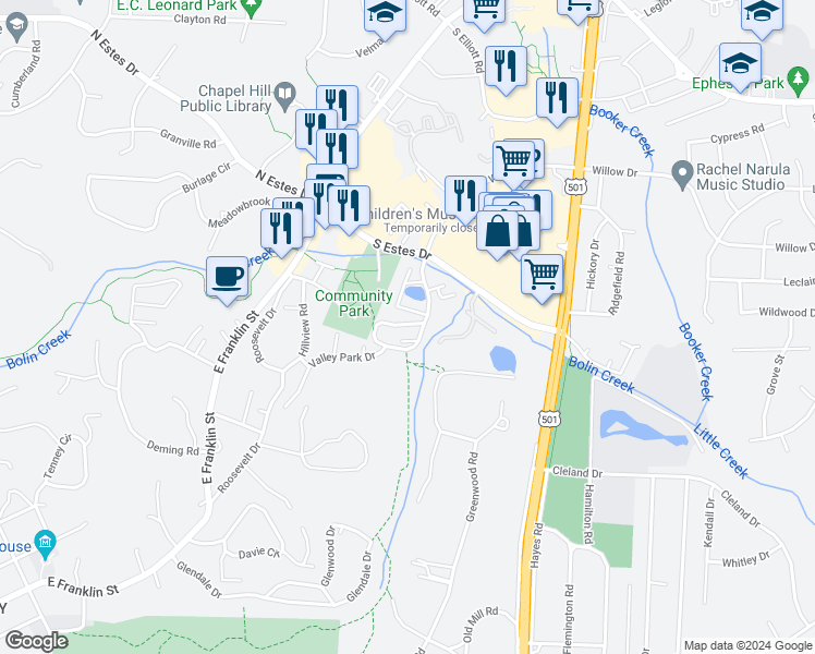 map of restaurants, bars, coffee shops, grocery stores, and more near d8 Shepherd Lane in Chapel Hill