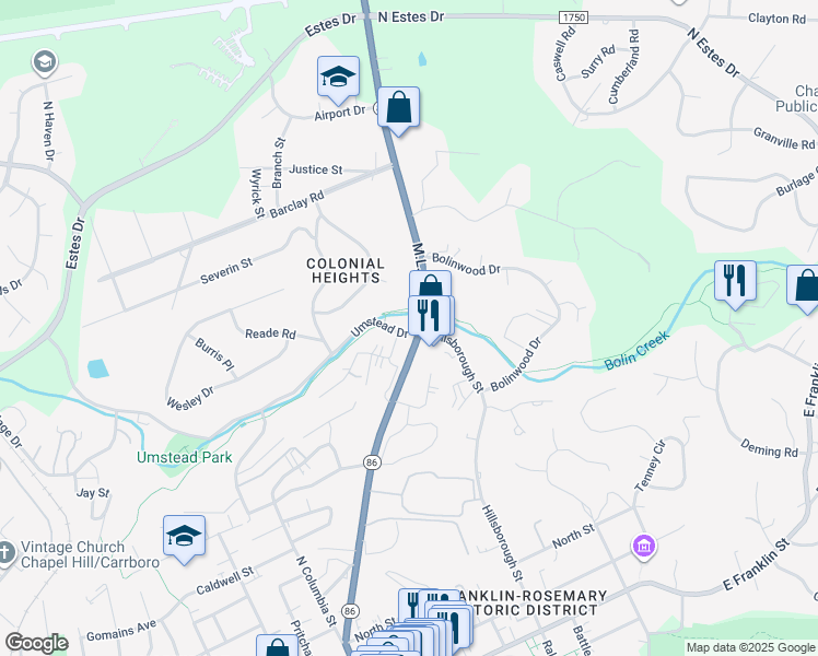 map of restaurants, bars, coffee shops, grocery stores, and more near 100A Umstead Drive in Chapel Hill