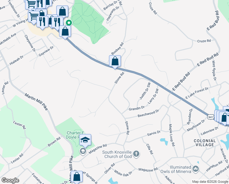 map of restaurants, bars, coffee shops, grocery stores, and more near 117 Royal Heights Drive in Knoxville
