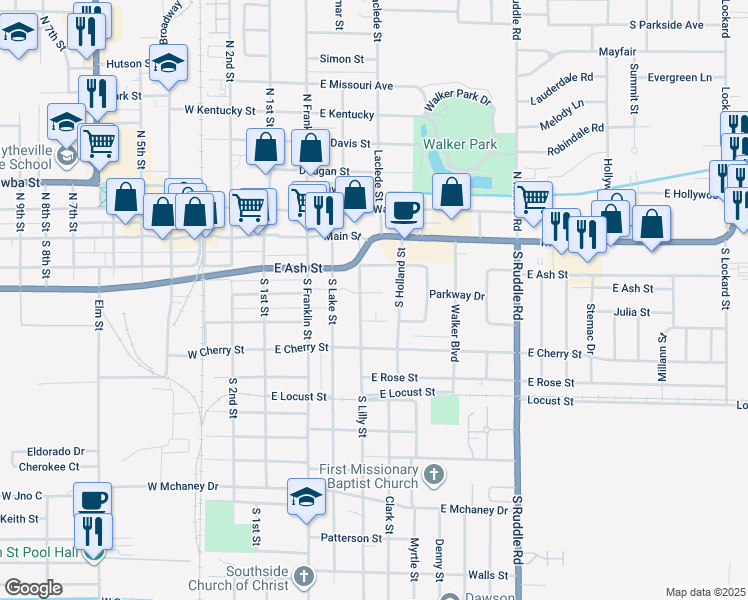 map of restaurants, bars, coffee shops, grocery stores, and more near 411 East Sycamore Street in Blytheville
