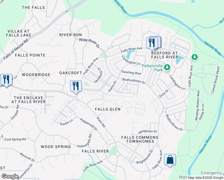 map of restaurants, bars, coffee shops, grocery stores, and more near 2105 Karns Place in Raleigh