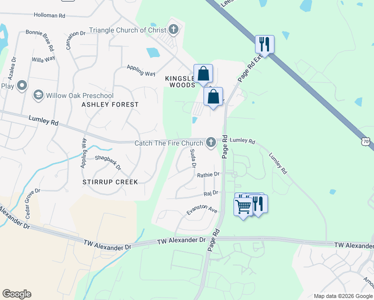 map of restaurants, bars, coffee shops, grocery stores, and more near 4 Om Court in Durham