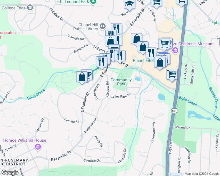 map of restaurants, bars, coffee shops, grocery stores, and more near 1210 Hillview Road in Chapel Hill
