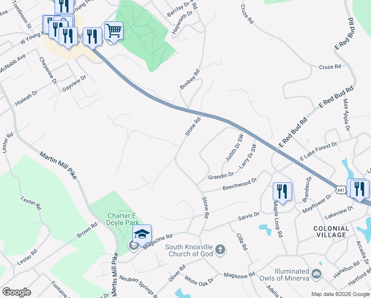 map of restaurants, bars, coffee shops, grocery stores, and more near 117 Royal Heights Drive in Knoxville