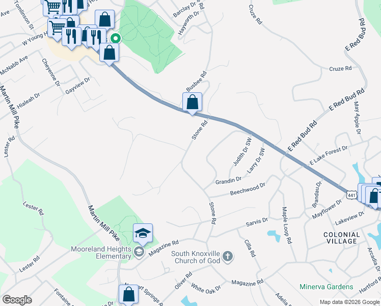 map of restaurants, bars, coffee shops, grocery stores, and more near 117 Royal Heights Drive in Knoxville