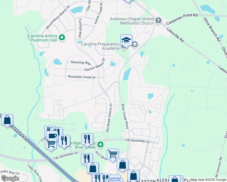 map of restaurants, bars, coffee shops, grocery stores, and more near 321 Acorn Hollow Place in Durham