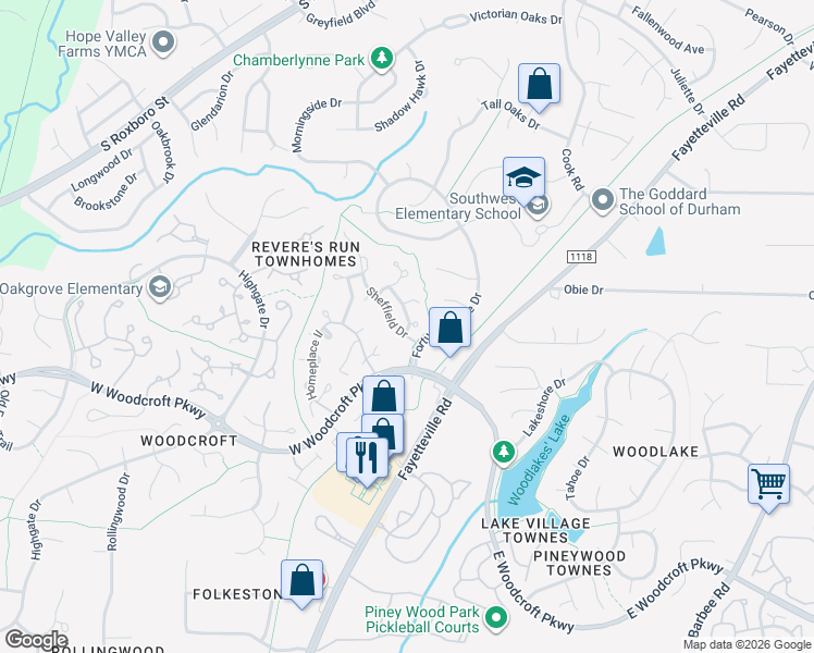 map of restaurants, bars, coffee shops, grocery stores, and more near 5500 Fortunes Ridge Drive in Durham