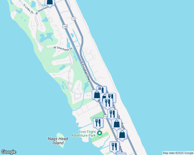 map of restaurants, bars, coffee shops, grocery stores, and more near 5515 South Virginia Dare Trail in Nags Head