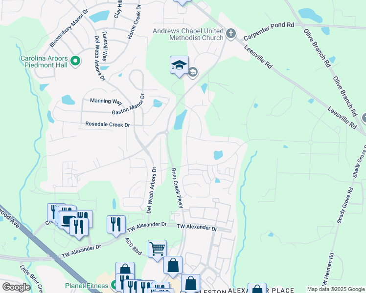 map of restaurants, bars, coffee shops, grocery stores, and more near 127 Pepperwood Way in Durham