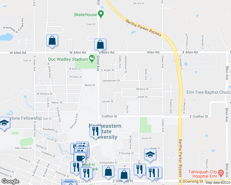 map of restaurants, bars, coffee shops, grocery stores, and more near 306 East Seneca Street in Tahlequah