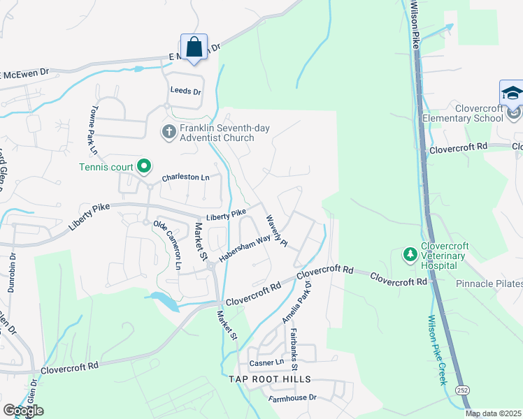 map of restaurants, bars, coffee shops, grocery stores, and more near 1129 Waverly Place in Franklin