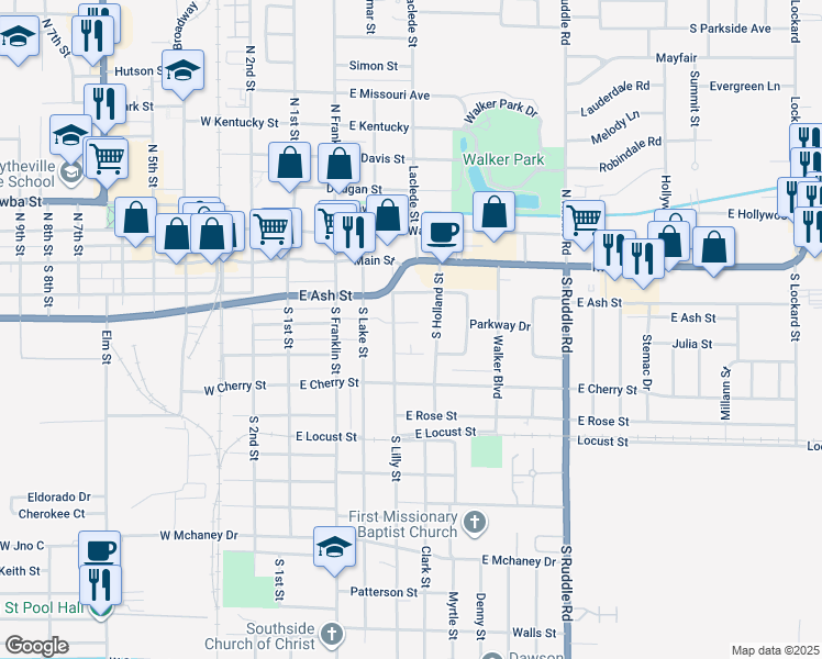 map of restaurants, bars, coffee shops, grocery stores, and more near 411 East Sycamore Street in Blytheville